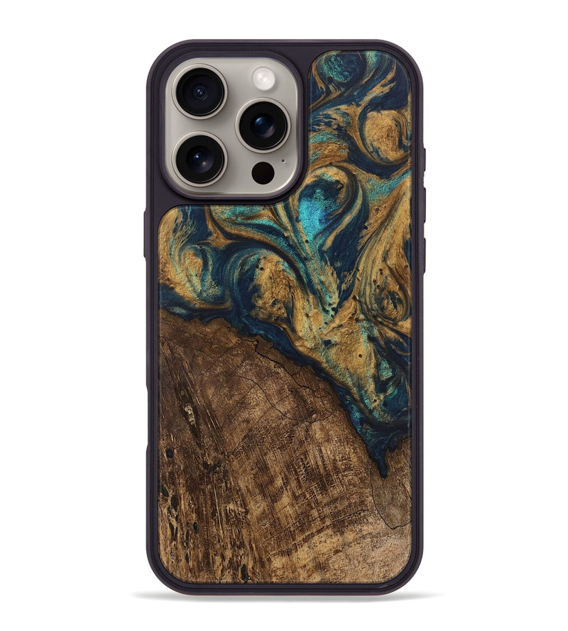 iPhone 16 Pro Max Wood Phone Case - Selah (Teal & Gold, 745576)