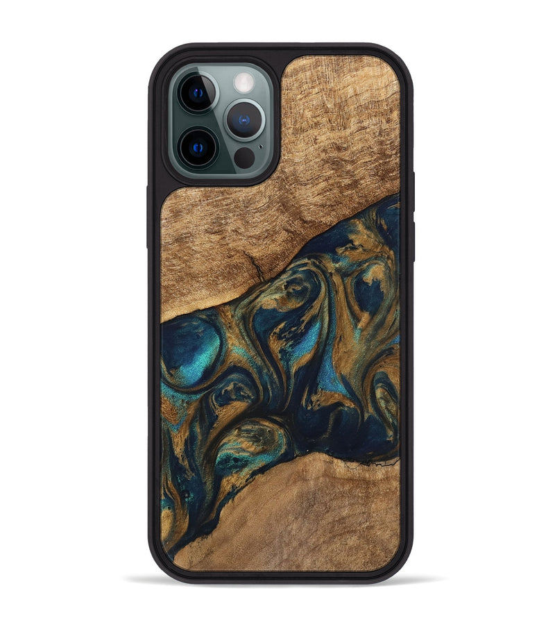 iPhone 12 Pro Max Wood Phone Case - Andria (Teal & Gold, 745580)