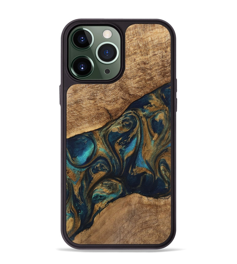 iPhone 13 Pro Max Wood Phone Case - Andria (Teal & Gold, 745580)