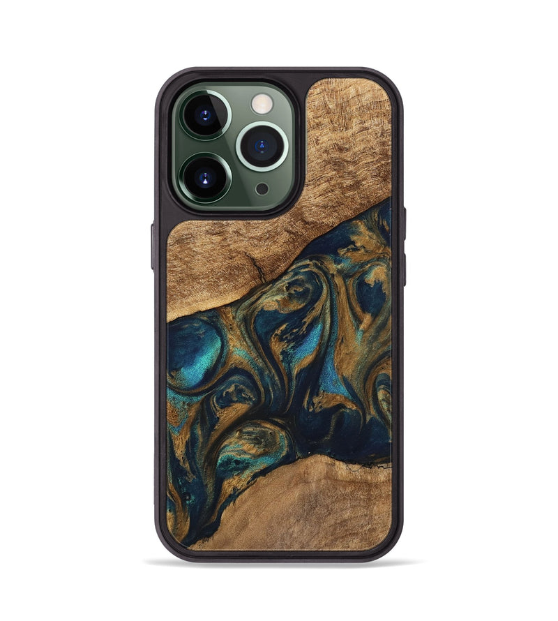 iPhone 13 Pro Wood Phone Case - Andria (Teal & Gold, 745580)