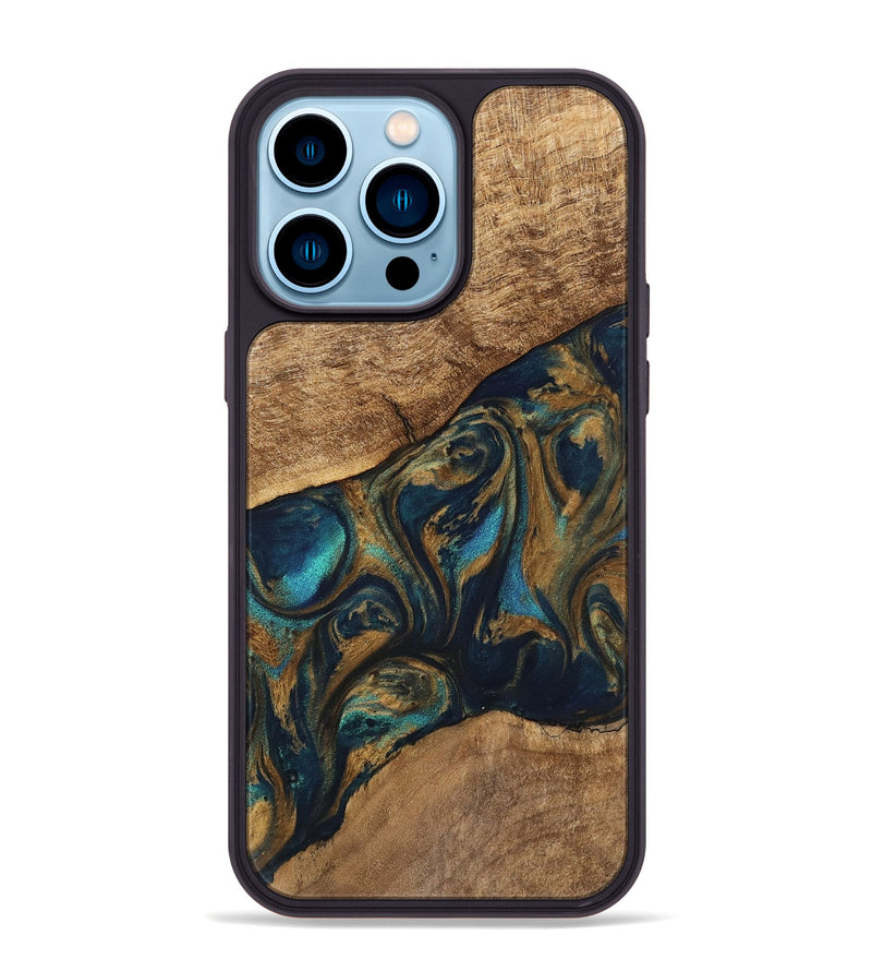 iPhone 14 Pro Max Wood Phone Case - Andria (Teal & Gold, 745580)