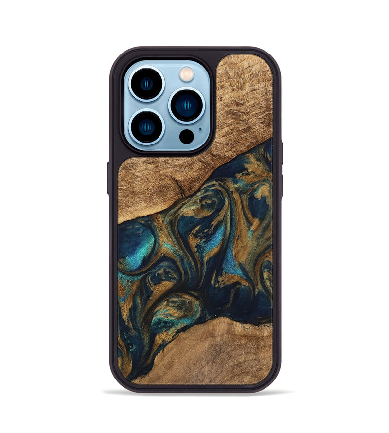 iPhone 14 Pro Wood Phone Case - Andria (Teal & Gold, 745580)