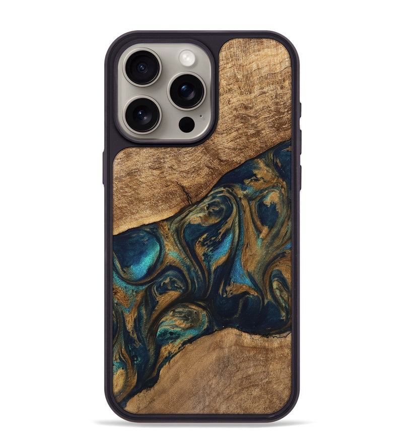 iPhone 15 Pro Max Wood Phone Case - Andria (Teal & Gold, 745580)