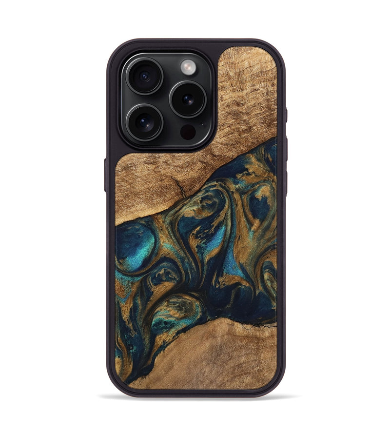 iPhone 15 Pro Wood Phone Case - Andria (Teal & Gold, 745580)