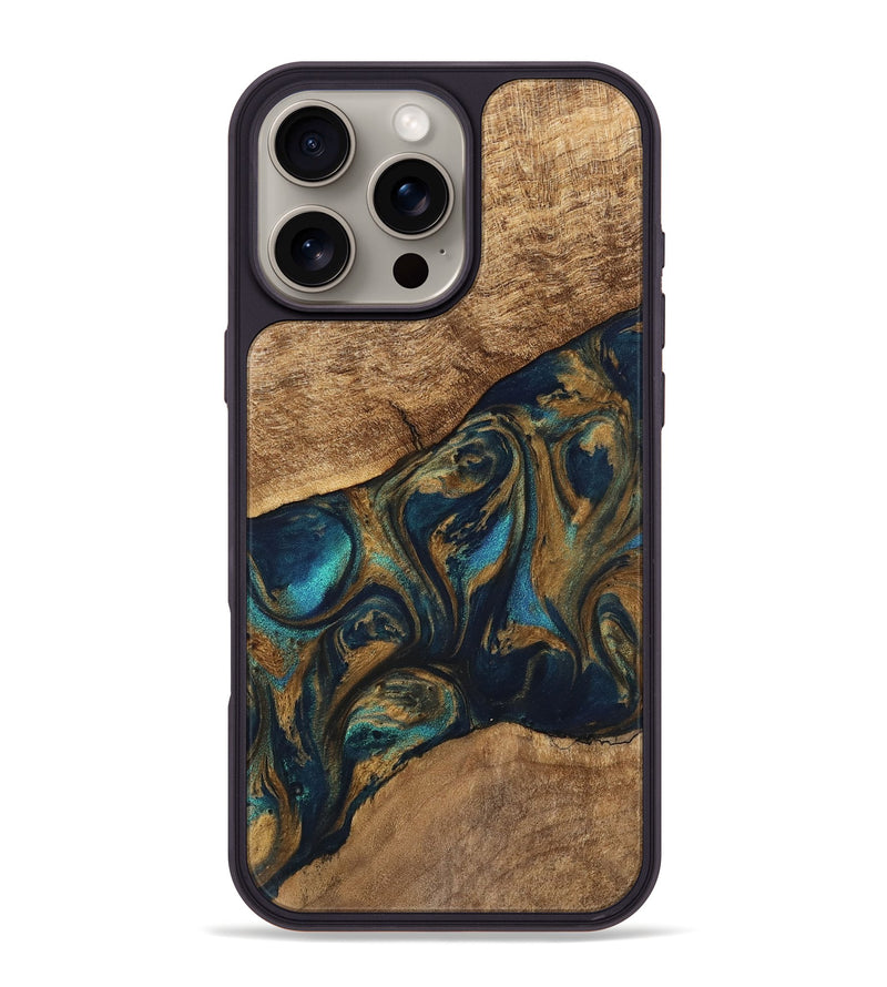 iPhone 16 Pro Max Wood Phone Case - Andria (Teal & Gold, 745580)