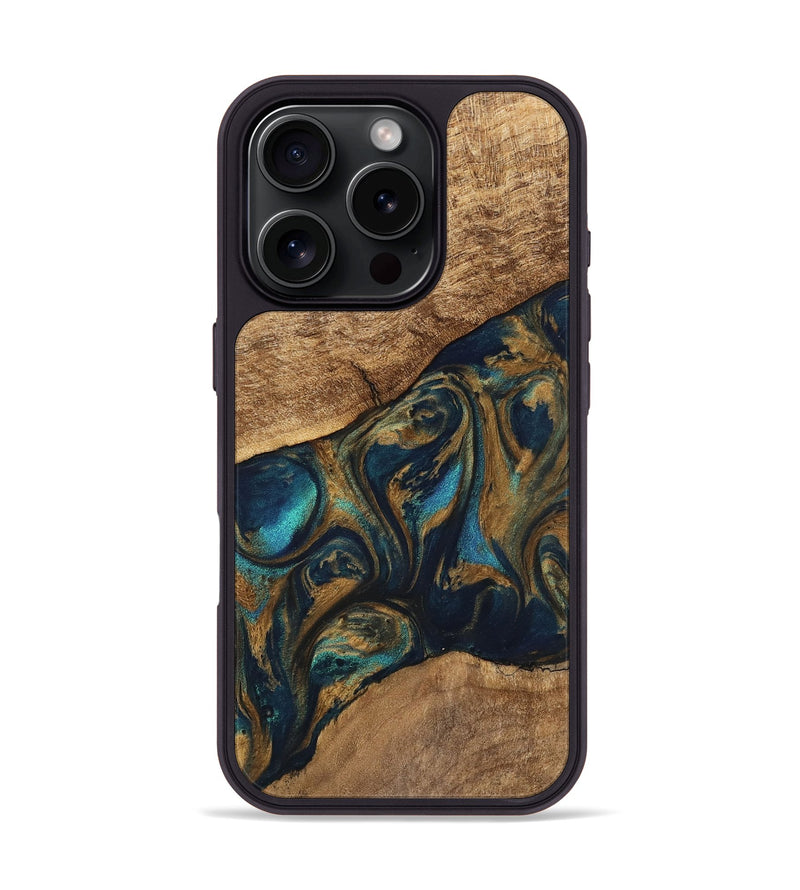 iPhone 16 Pro Wood Phone Case - Andria (Teal & Gold, 745580)