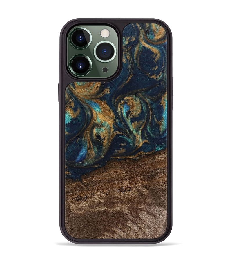 iPhone 13 Pro Max Wood Phone Case - Alida (Teal & Gold, 745594)