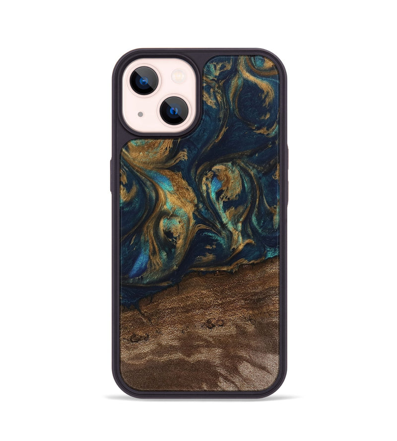 iPhone 14 Wood Phone Case - Alida (Teal & Gold, 745594)