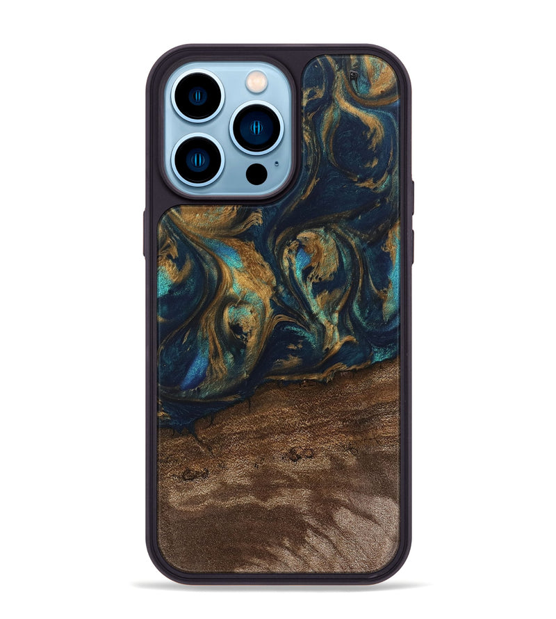 iPhone 14 Pro Max Wood Phone Case - Alida (Teal & Gold, 745594)