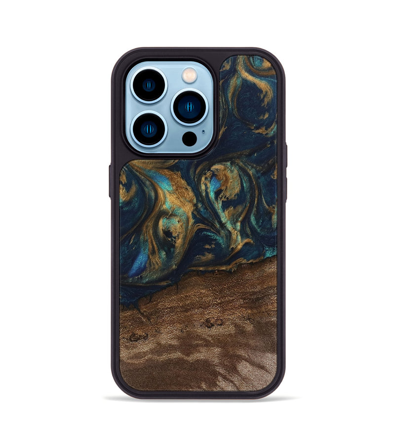 iPhone 14 Pro Wood Phone Case - Alida (Teal & Gold, 745594)