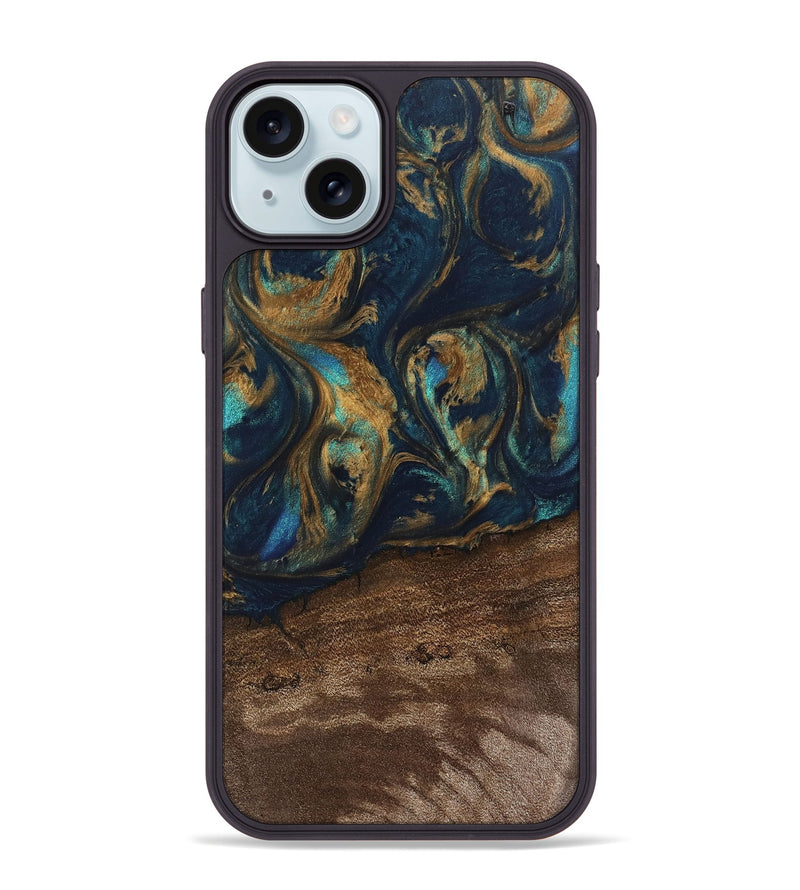 iPhone 15 Plus Wood Phone Case - Alida (Teal & Gold, 745594)