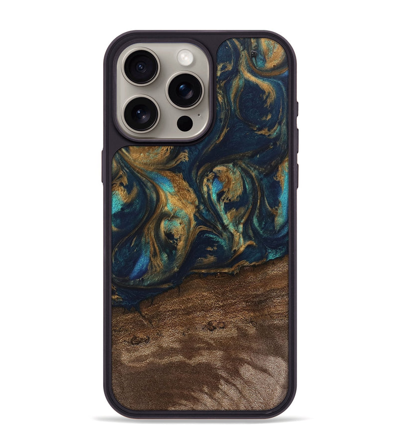 iPhone 15 Pro Max Wood Phone Case - Alida (Teal & Gold, 745594)