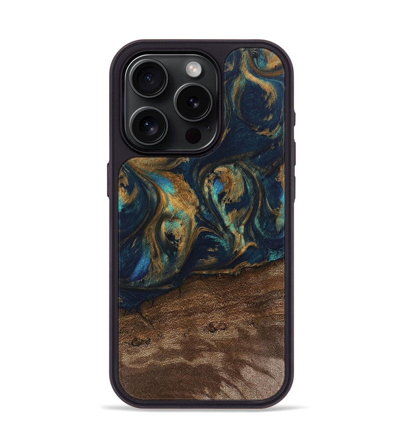 iPhone 15 Pro Wood Phone Case - Alida (Teal & Gold, 745594)