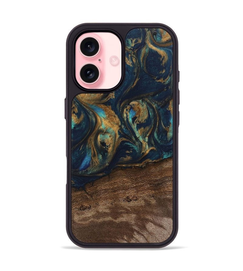 iPhone 16 Wood Phone Case - Alida (Teal & Gold, 745594)