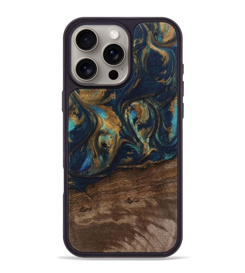 iPhone 16 Pro Max Wood Phone Case - Alida (Teal & Gold, 745594)