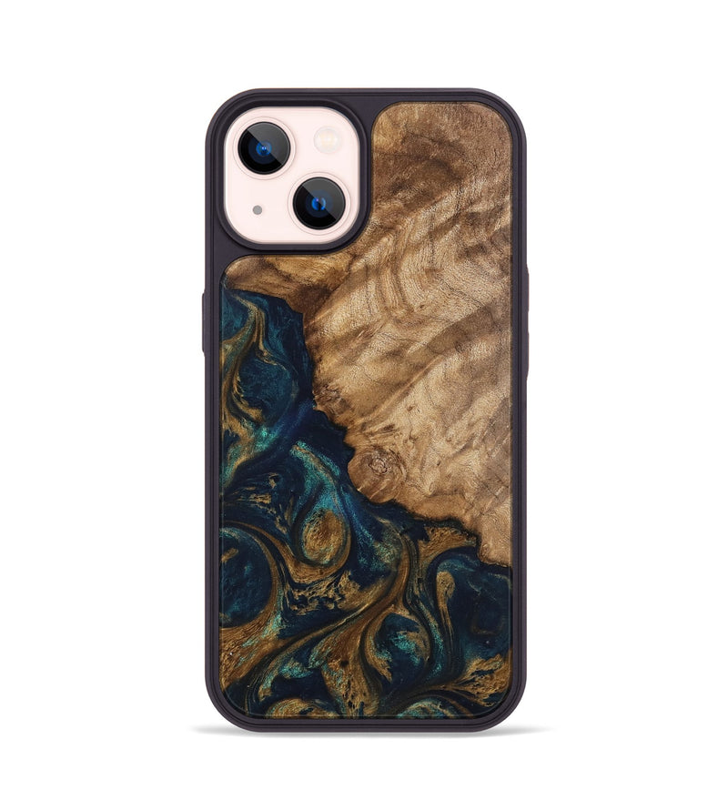 iPhone 14 Wood Phone Case - Brittny (Teal & Gold, 745595)