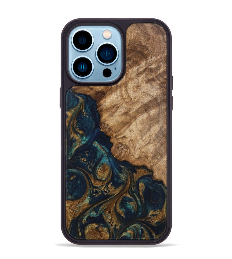 iPhone 14 Pro Max Wood Phone Case - Brittny (Teal & Gold, 745595)