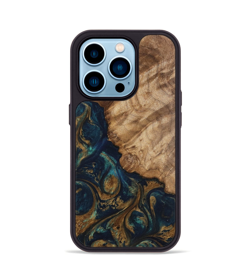 iPhone 14 Pro Wood Phone Case - Brittny (Teal & Gold, 745595)