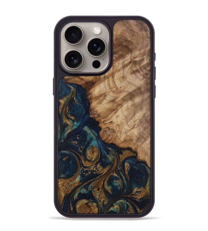 iPhone 15 Pro Max Wood Phone Case - Brittny (Teal & Gold, 745595)