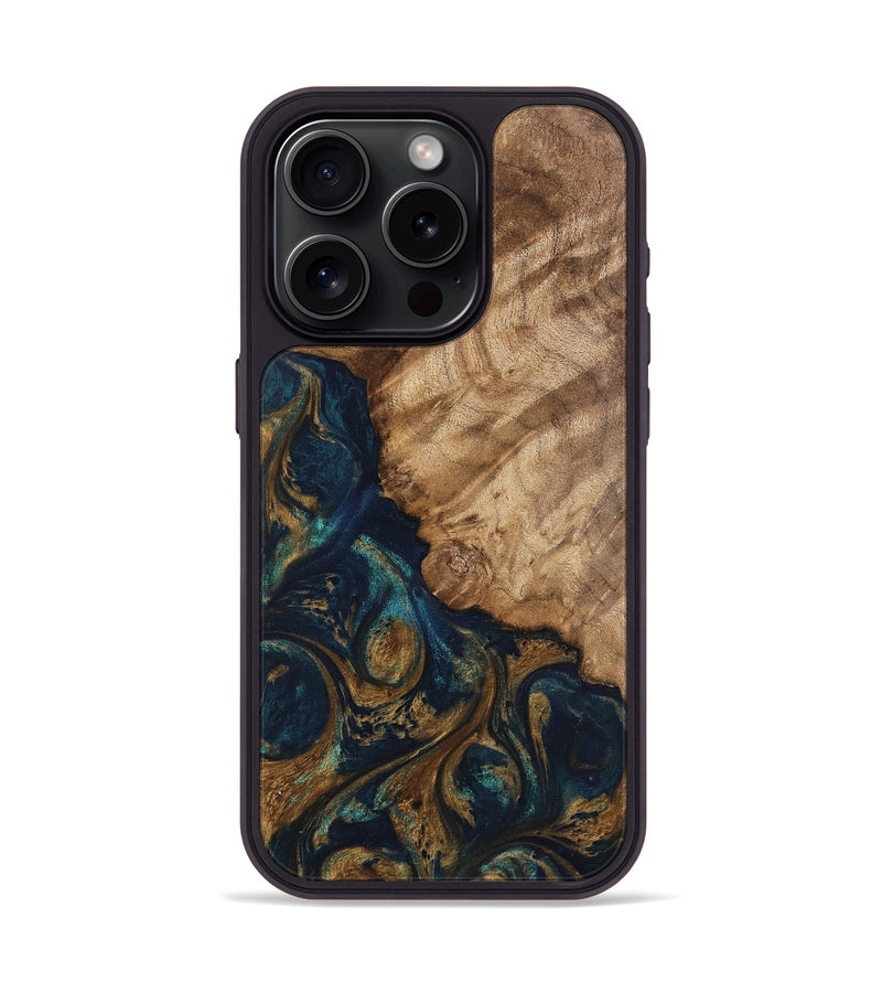 iPhone 15 Pro Wood Phone Case - Brittny (Teal & Gold, 745595)