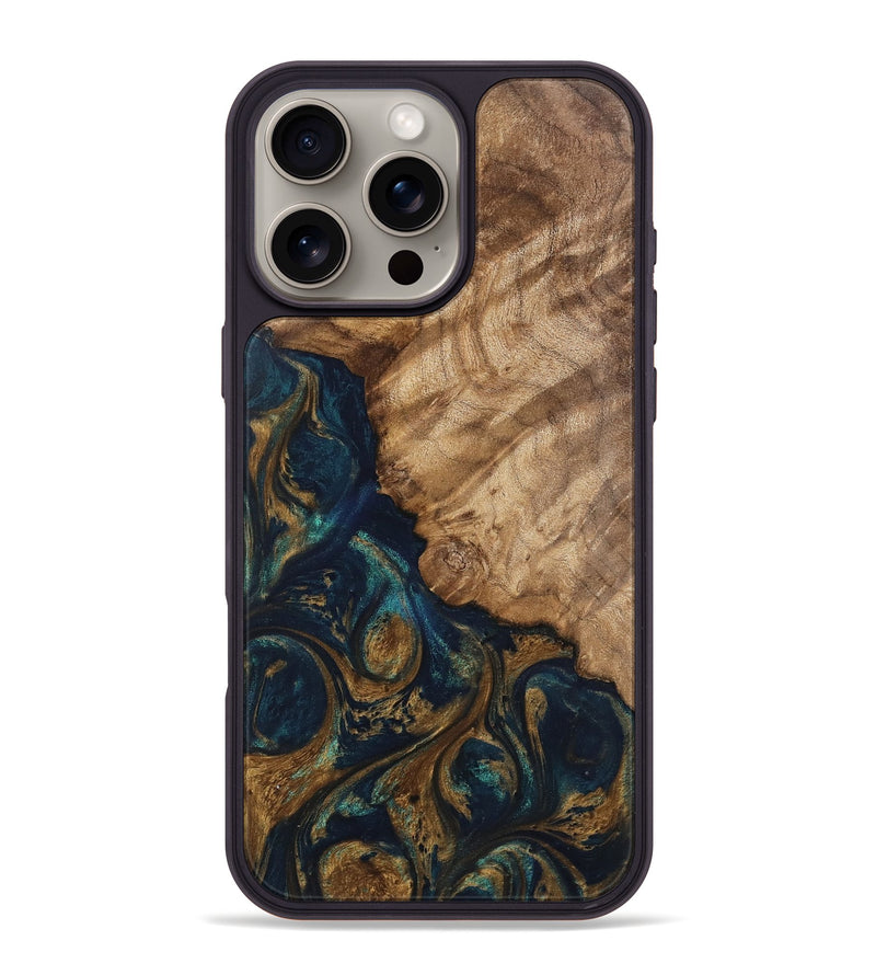 iPhone 16 Pro Max Wood Phone Case - Brittny (Teal & Gold, 745595)