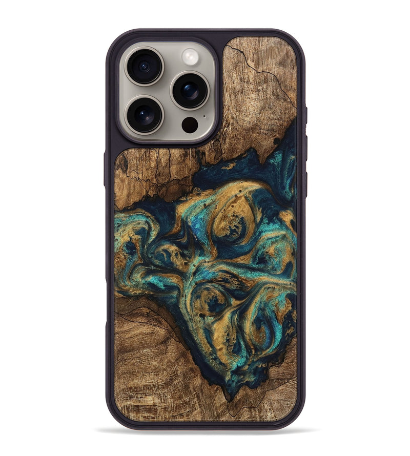 iPhone 16 Pro Max Wood Phone Case - Aleyna (Teal & Gold, 745600)