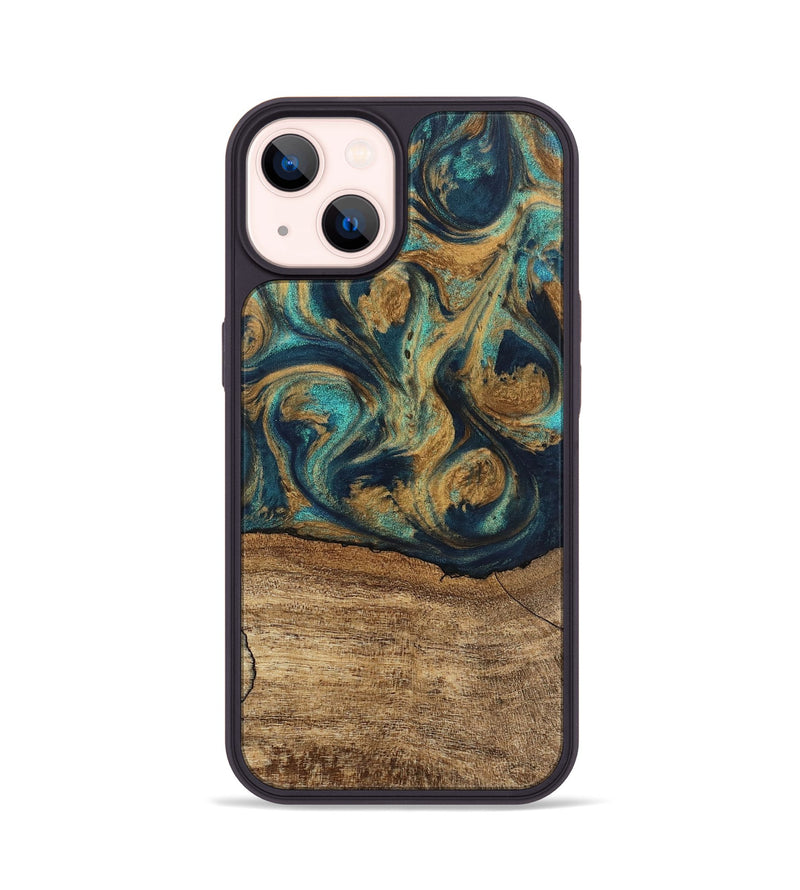 iPhone 14 Wood Phone Case - Deirdre (Teal & Gold, 745601)