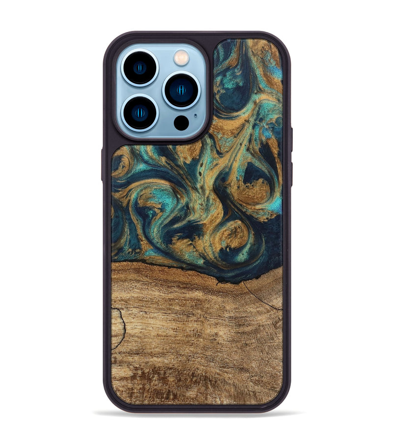 iPhone 14 Pro Max Wood Phone Case - Deirdre (Teal & Gold, 745601)