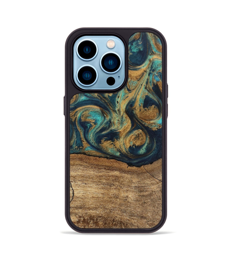 iPhone 14 Pro Wood Phone Case - Deirdre (Teal & Gold, 745601)