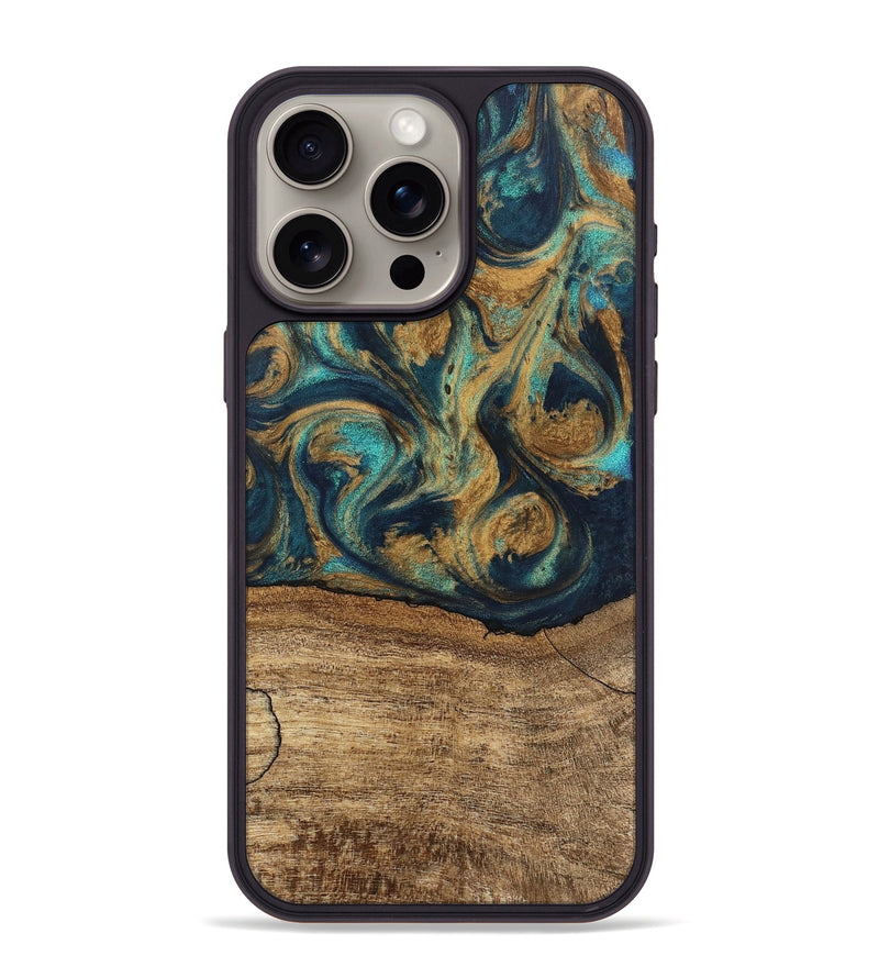 iPhone 15 Pro Max Wood Phone Case - Deirdre (Teal & Gold, 745601)