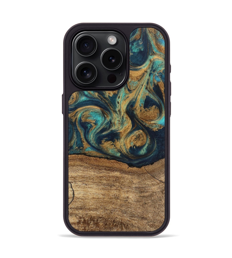 iPhone 15 Pro Wood Phone Case - Deirdre (Teal & Gold, 745601)