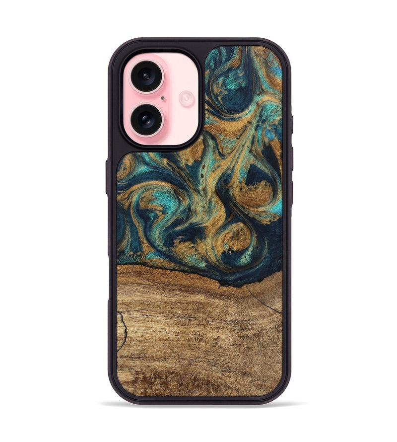 iPhone 16 Wood Phone Case - Deirdre (Teal & Gold, 745601)