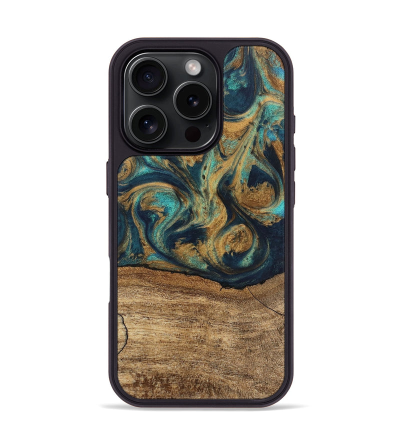 iPhone 16 Pro Wood Phone Case - Deirdre (Teal & Gold, 745601)