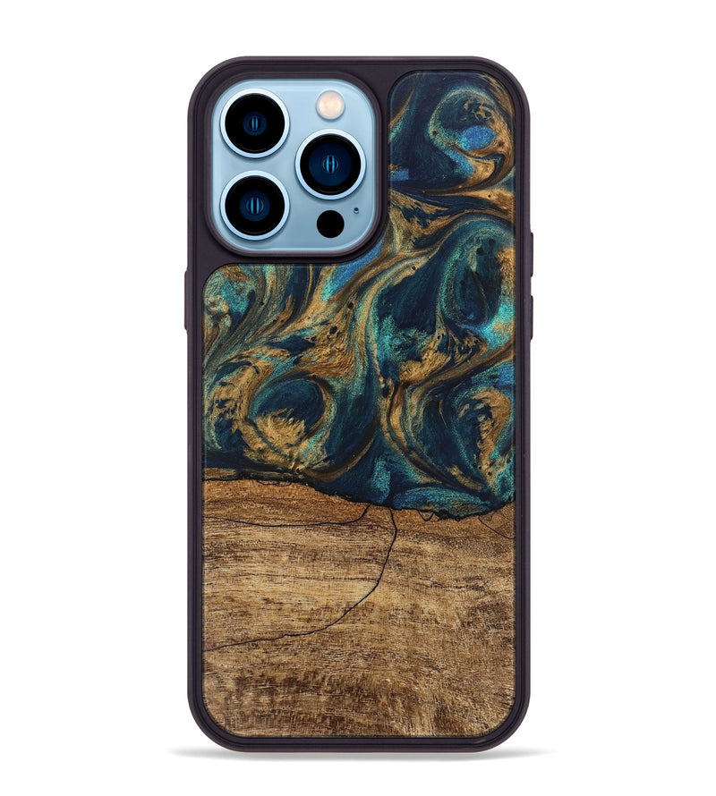 iPhone 14 Pro Max Wood Phone Case - Eloise (Teal & Gold, 745602)