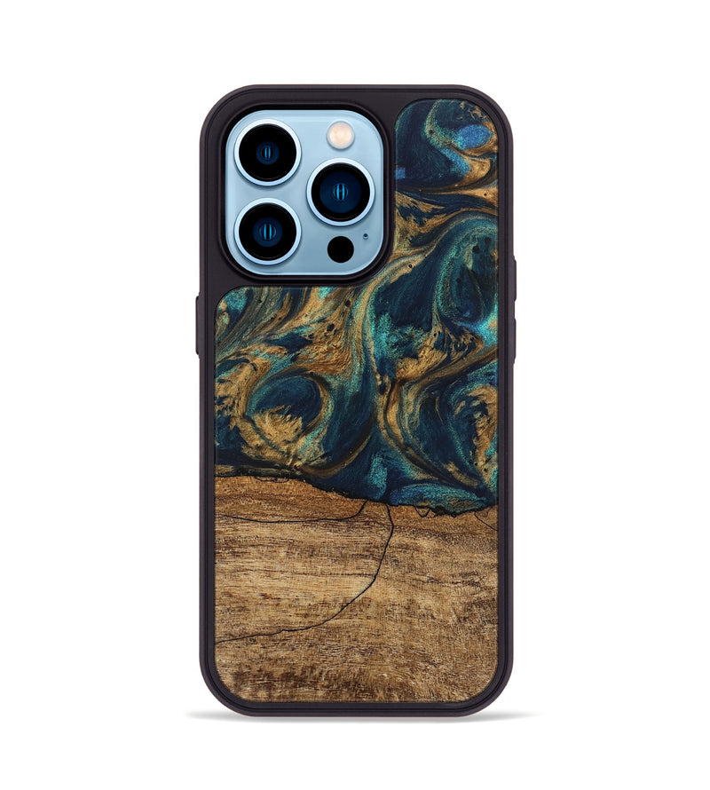 iPhone 14 Pro Wood Phone Case - Eloise (Teal & Gold, 745602)