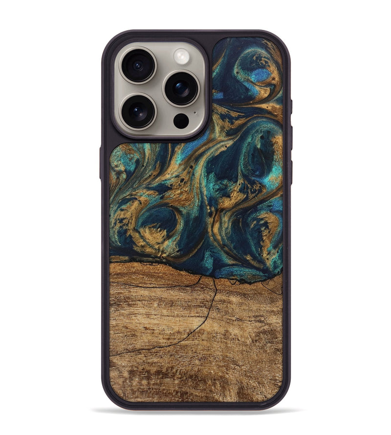 iPhone 15 Pro Max Wood Phone Case - Eloise (Teal & Gold, 745602)