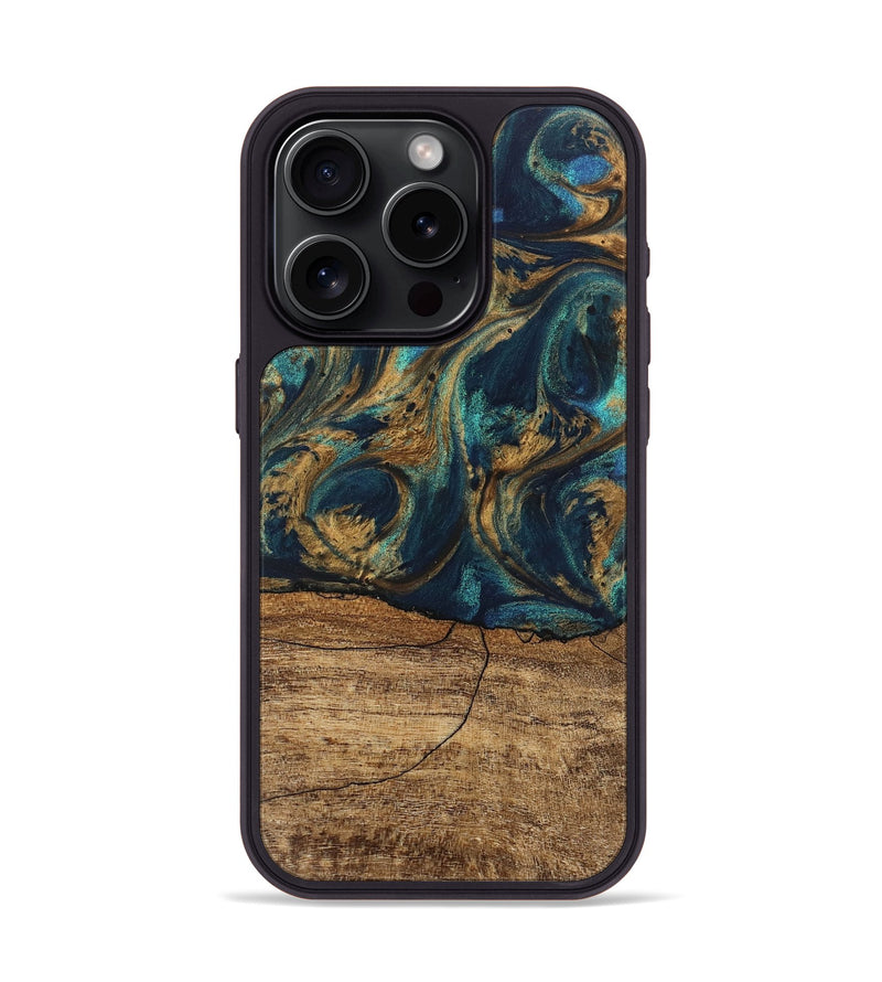 iPhone 15 Pro Wood Phone Case - Eloise (Teal & Gold, 745602)