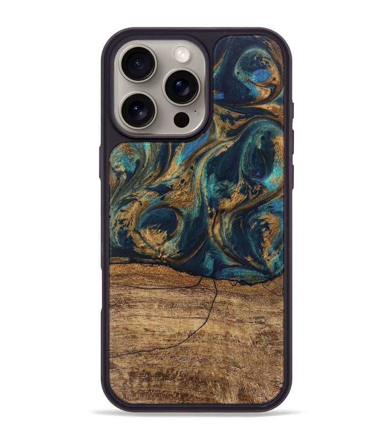 iPhone 16 Pro Max Wood Phone Case - Eloise (Teal & Gold, 745602)