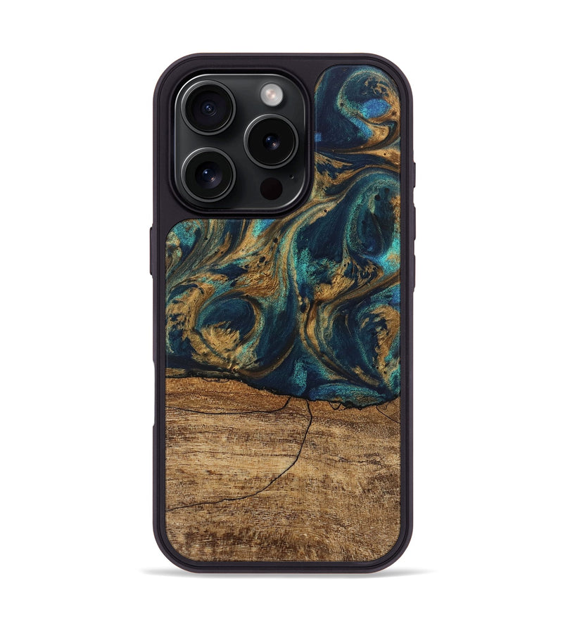 iPhone 16 Pro Wood Phone Case - Eloise (Teal & Gold, 745602)