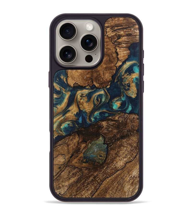 iPhone 16 Pro Max Wood Phone Case - Akeem (Teal & Gold, 745603)