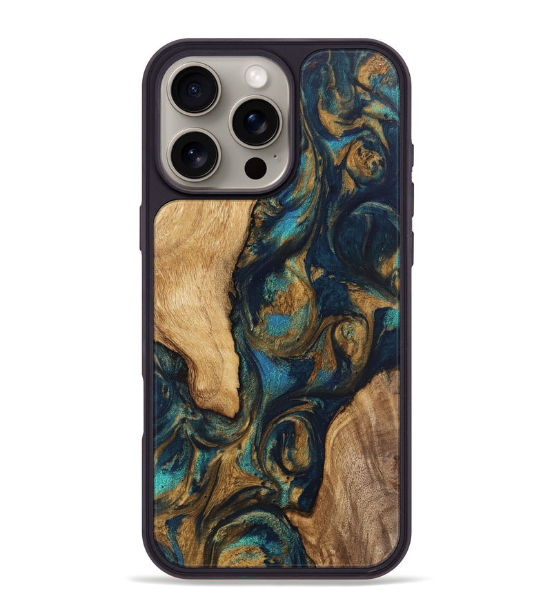 iPhone 16 Pro Max Wood Phone Case - Janice (Teal & Gold, 745605)