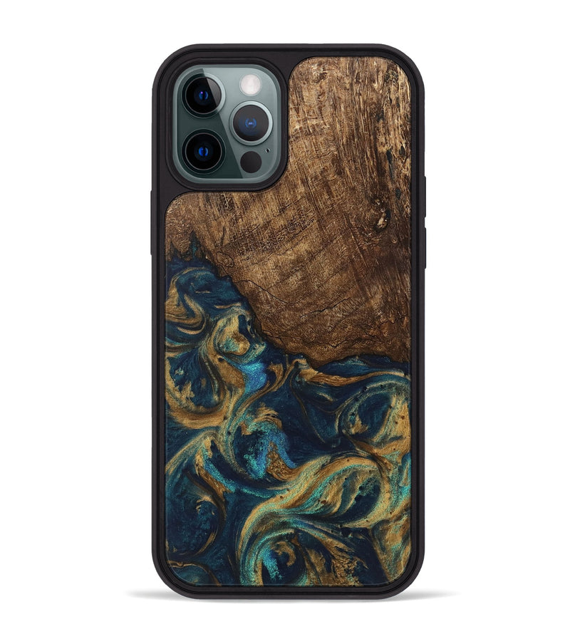 iPhone 12 Pro Max Wood Phone Case - Alonso (Teal & Gold, 745609)