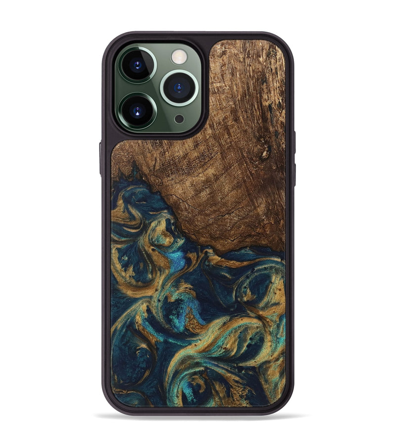 iPhone 13 Pro Max Wood Phone Case - Alonso (Teal & Gold, 745609)