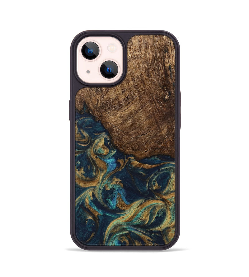 iPhone 14 Wood Phone Case - Alonso (Teal & Gold, 745609)