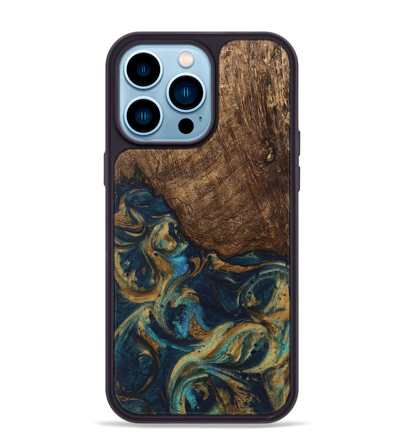 iPhone 14 Pro Max Wood Phone Case - Alonso (Teal & Gold, 745609)