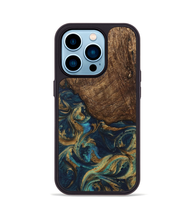 iPhone 14 Pro Wood Phone Case - Alonso (Teal & Gold, 745609)