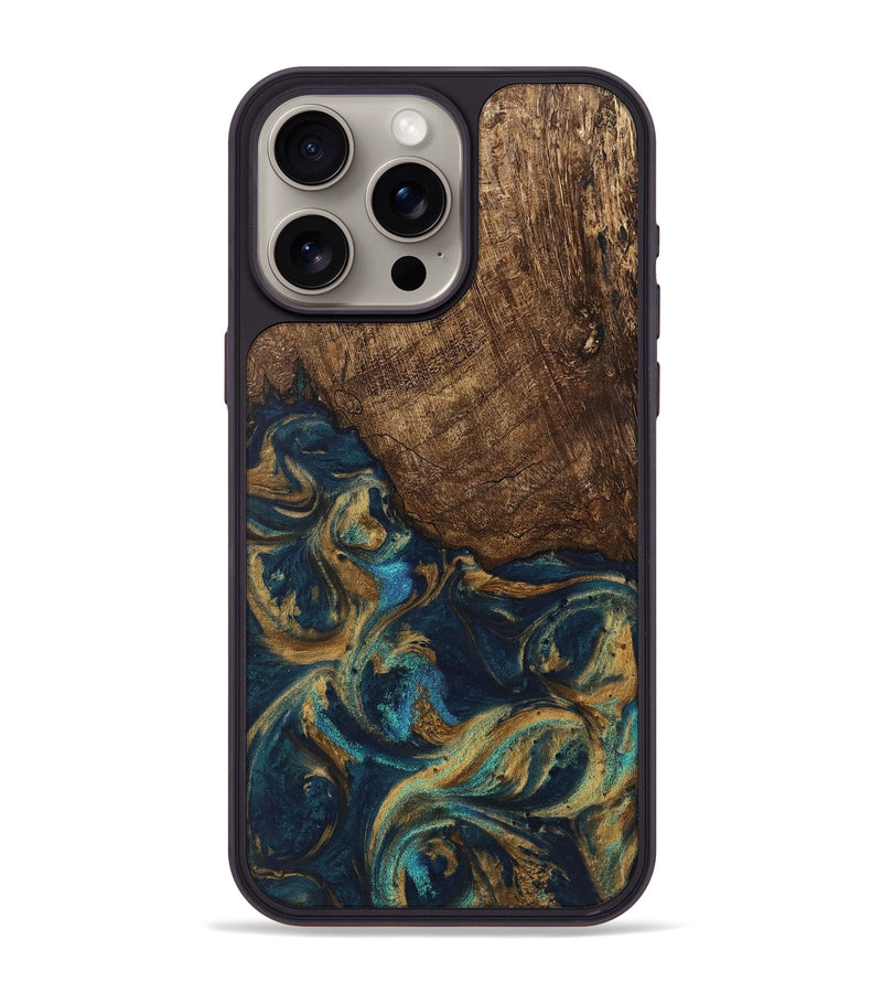 iPhone 15 Pro Max Wood Phone Case - Alonso (Teal & Gold, 745609)