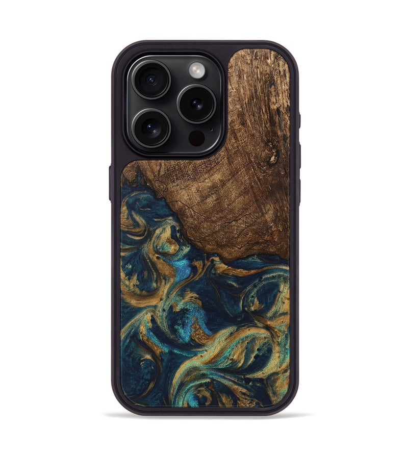 iPhone 15 Pro Wood Phone Case - Alonso (Teal & Gold, 745609)