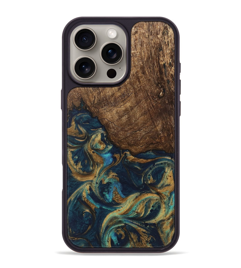 iPhone 16 Pro Max Wood Phone Case - Alonso (Teal & Gold, 745609)