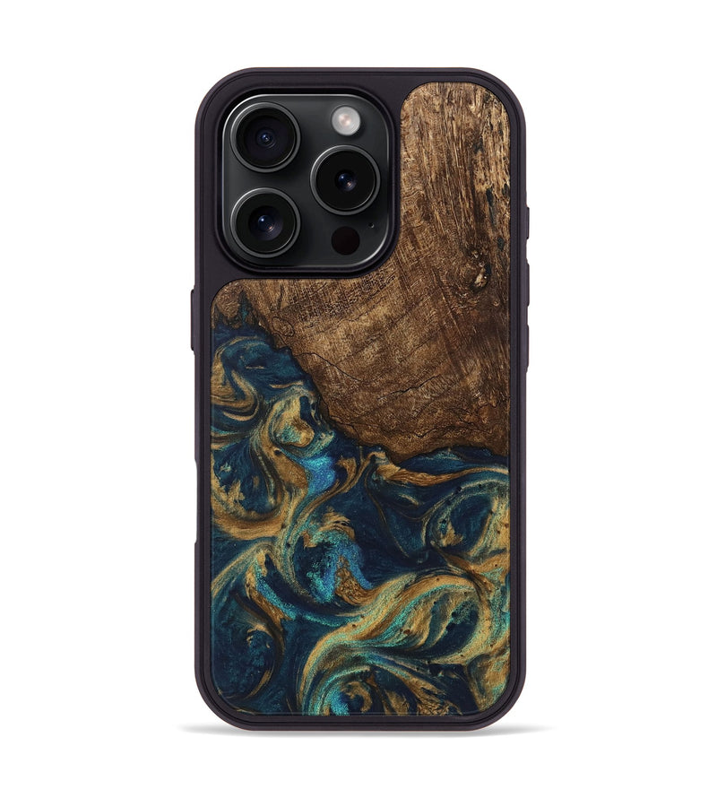 iPhone 16 Pro Wood Phone Case - Alonso (Teal & Gold, 745609)